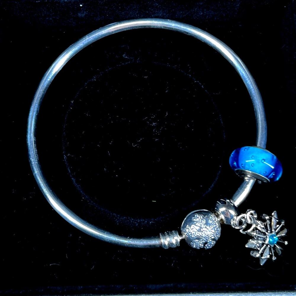 Pandora Limited Ed "Unique as You Are" Snowflake Bangle 925 Murano Blue Bead - Picture 6 of 16